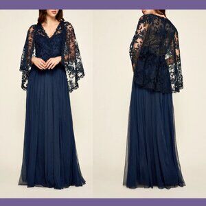 NEW $568 Tadashi Shoji Cove Tulle Lace Cape Gown Navy Blue Long Gown Dress 6